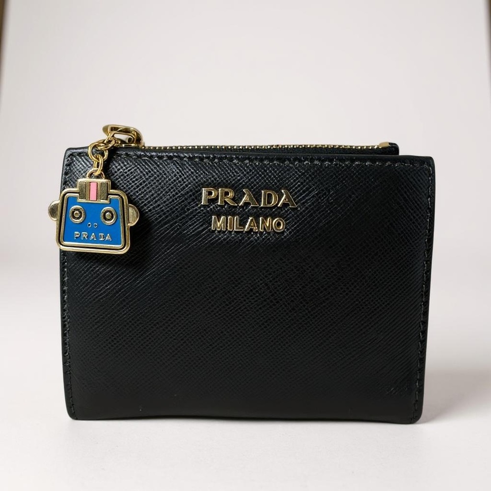 Prada Black Leather Wallet with Gold Accents